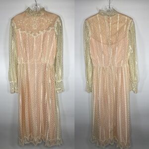 Vintage Alfred Angelo 60's Pink White Lace Long Sleeve High Neck Pioneer Dress